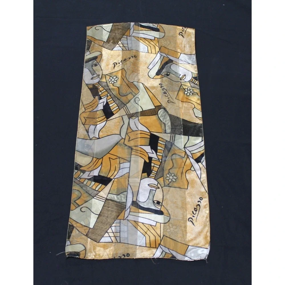 Picasso Silk Scarf 13x58 Abstract Cubist Art Print Hand Rolled Hem Long Scarf
